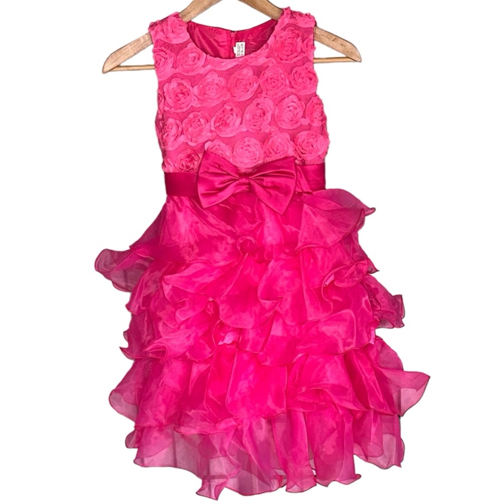 🌺 Fuchsia Princess Pageant Ball Gown w/ Floral Bodice Sz 150 sis match avail 🌺 - Picture 3 of 5